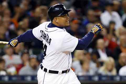 Sep 27, 2016; Detroit, MI, USA; Detroit Tigers first baseman Miguel Cabrera (24) hits a three run home run in the second inning against the Cleveland Indians at Comerica Park. Mandatory Credit: Rick Osentoski-USA TODAY Sports