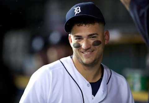 Sep 28, 2016; Detroit, MI, USA; Detroit Tigers shortstop Jose Iglesias (1) smiles in the dugout before the game against the Cleveland Indians at Comerica Park. Game called for bad weather after 5 innings. Tigers win 6-3. Mandatory Credit: Raj Mehta-USA TODAY Sports