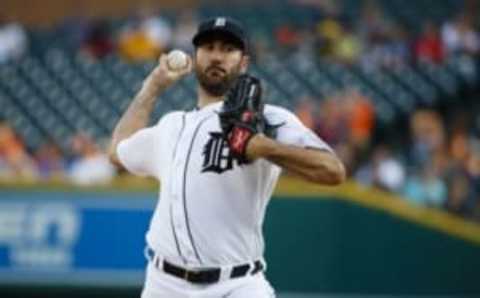 Aug 26, 2016; Detroit, MI, USA; Detroit Tigers starting pitcher Justin Verlander (35) pitches in the first inning against the Los Angeles Angels at Comerica Park. Mandatory Credit: Rick Osentoski-USA TODAY Sports