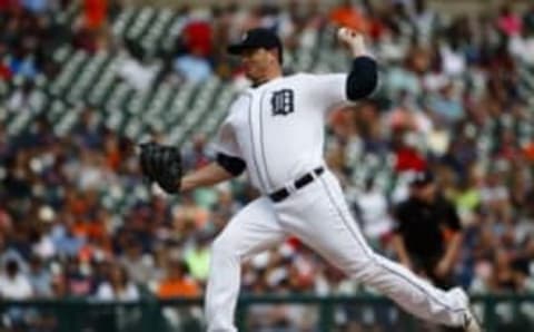 Sep 15, 2016; Detroit, MI, USA; Detroit Tigers relief pitcher Justin Wilson (38) pitches in the eighth inning against the Minnesota Twins at Comerica Park. Mandatory Credit: Rick Osentoski-USA TODAY Sports