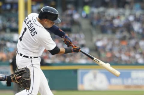 DETROIT, MI – JULY 21: Jose Iglesias #1 of the Detroit Tigers hits a 2-RBI double against the Boston Red Sox during the second inning at Comerica Park on July 21, 2018 in Detroit, Michigan. (Photo by Duane Burleson/Getty Images)