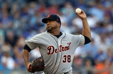 KANSAS CITY, MO – JULY 23: Starting pitcher Francisco Liriano #38 of the Detroit Tigers pitches during the 1st inning of the game against the Kansas City Royals at Kauffman Stadium on July 23, 2018 in Kansas City, Missouri. (Photo by Jamie Squire/Getty Images)