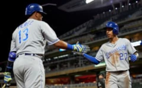 MINNEAPOLIS, MN – AUGUST 03: Salvador Perez #13 and Adalberto Mondesi #27 of the Minnesota Twins. (Photo by Hannah Foslien/Getty Images)