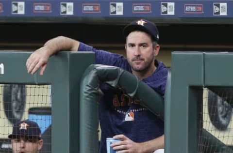 HOUSTON, TX – AUGUST 15: Justin Verlander #35 of the Houston Astros looks on from the dugout at Minute Maid Park on August 15, 2018 in Houston, Texas. (Photo by Bob Levey/Getty Images)