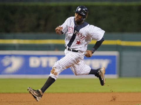 Austin Jackson runs the bases while wearing a Detroit Stars Negro League Tribute uniform. (Photo by Mark Cunningham/MLB Photos via Getty Images)