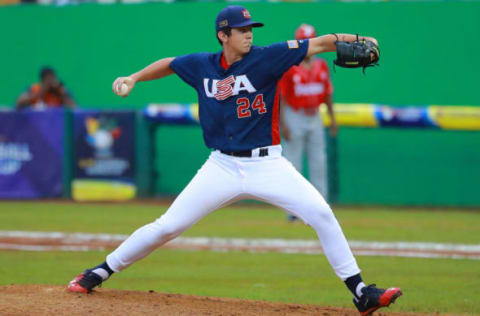 DAVID, PANAMA – AUGUST 19: Andrew Painter of United States pitches during the final match of WSBC U-15 World Cup Super Round. (Photo by Hector Vivas/Getty Images)