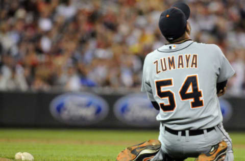 MINNEAPOLIS, MN – JUNE 28: Joel Zumaya #54 of the Detroit Tigers clutches his elbow after falling to the ground in the eighth inning against the Minnesota Twins during their game on June 28, 2010 at Target Field in Minneapolis, Minnesota. Zumaya left the game. Tigers defeated the Twins 7-5. (Photo by Hannah Foslien/Getty Images)