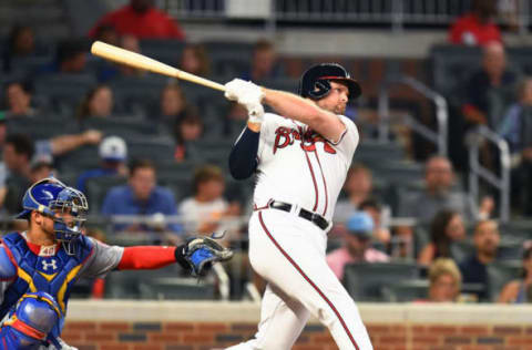 ATLANTA, GA – AUGUST 30: Lucas Duda #20 of the Atlanta Braves pinch hits during the sixth inning against the Chicago Cubs at SunTrust Park on August 30, 2018 in Atlanta, Georgia. (Photo by Scott Cunningham/Getty Images)