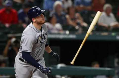 ARLINGTON, TX – SEPTEMBER 18: C.J. Cron #44 of the Tampa Bay Rays flips his bat after hitting a pop fly for an out in the seventh inning against the Texas Rangers at Globe Life Park in Arlington on September 18, 2018 in Arlington, Texas. (Photo by Richard Rodriguez/Getty Images)