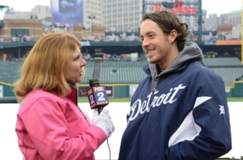 Will Rhymes gives an interview before opening day. (Photo by Mark Cunningham/MLB Photos via Getty Images)