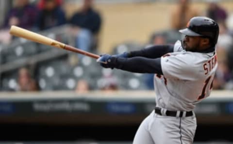 MINNEAPOLIS, MN – APRIL 13: Christin Stewart #14 of the Detroit Tigers hits a solo home run against the Minnesota Twins during the sixth inning of the game on April 13, 2019 at Target Field in Minneapolis, Minnesota. The Twins defeated the Tigers 4-3. (Photo by Hannah Foslien/Getty Images)