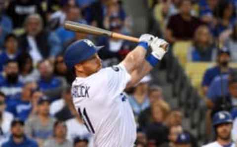 LOS ANGELES, CA – JUNE 19: Kyle Garlick #41 of the Los Angeles Dodgers hits his first major league home run off Drew Pomeranz #37 of the San Francisco Giants in the second inning of the game against at Dodger Stadium on June 19, 2019 in Los Angeles, California. (Photo by Jayne Kamin-Oncea/Getty Images)