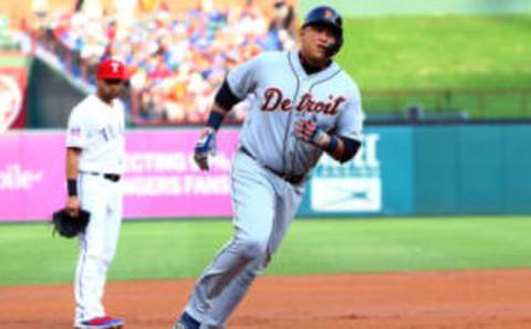 The Detroit Tigers could trade Miguel Cabrera (shown rounding third base). (Photo by Rick Yeatts/Getty Images)