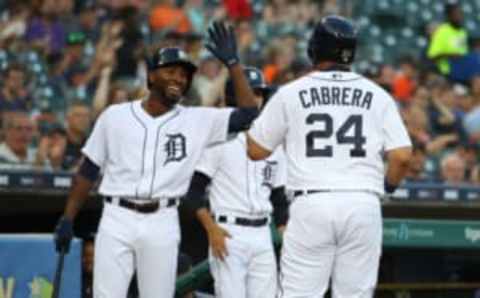 DETROIT, MICHIGAN – AUGUST 06: Miguel Cabrera #24 of the Detroit Tigers celebrates scoring a run in the third inning with Travis Demeritte #50 while playing the Chicago White Sox at Comerica Park on August 06, 2019 in Detroit, Michigan. (Photo by Gregory Shamus/Getty Images)