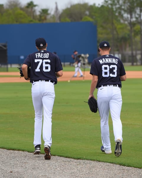 Alex Faedo and Matt Manning of the Detroit Tigers run together during Spring Training workouts. (Photo by Mark Cunningham/MLB Photos via Getty Images)