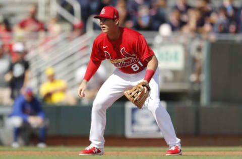 Nolan Gorman in action during a spring training game. (Photo by Michael Reaves/Getty Images)