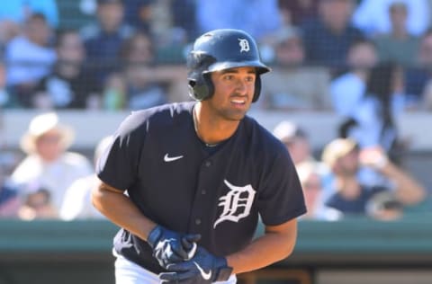 LAKELAND, FL – Riley Greene looks on during a Spring Training game. (Photo by Mark Cunningham/MLB Photos via Getty Images)