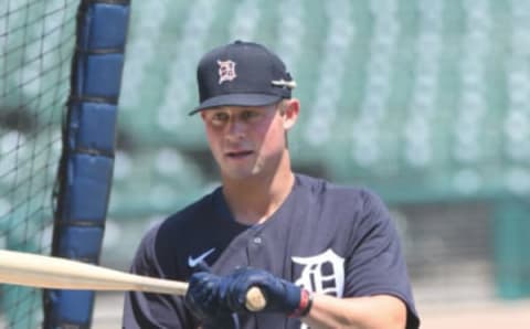 Spencer Torkelson of the Detroit Tigers looks on during the Detroit Tigers Summer Workouts at Comerica Park. (Photo by Mark Cunningham/MLB Photos via Getty Images)