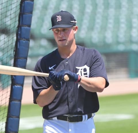 Spencer Torkelson of the Detroit Tigers looks on during the Detroit Tigers Summer Workouts at Comerica Park on July 4, 2020 in Detroit, Michigan. (Photo by Mark Cunningham/MLB Photos via Getty Images)