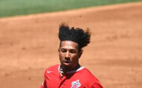 ANAHEIM, CA – JULY 12: Jahmai Jones #74 of the Los Angeles Angels heads for third after hitting a triple in the intrasquad game at Angel Stadium of Anaheim on July 12, 2020 in Anaheim, California. (Photo by Jayne Kamin-Oncea/Getty Images)