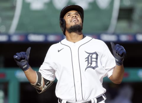 Jeimer Candelario #42 of the Detroit Tigers celebrates after hitting a two-run home run against the Minnesota Twins during the third inning of game two of a doubleheader at Comerica Park on August 29, 2020, in Detroit, Michigan. All players are wearing #42 in honor of Jackie Robinson Day. The day honoring Jackie Robinson, traditionally held on April 15, was rescheduled for August 28 due to the COVID-19 pandemic. Due to Friday’s postponed game, Robinson will be honored during todays game. (Photo by Duane Burleson/Getty Images)