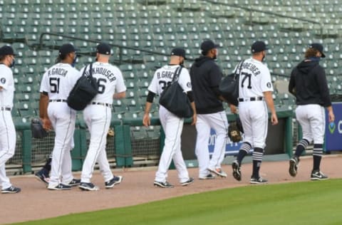 DETROIT, MI – Detroit Tigers pitchers walk to the bullpen. (Photo by Mark Cunningham/MLB Photos via Getty Images)