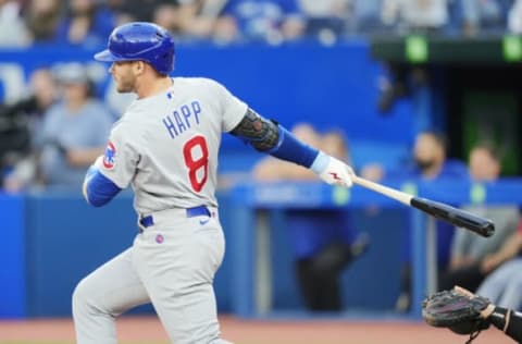 TORONTO, ON – AUGUST 31: Ian Happ #8 of the Chicago Cubs hits an RBI single against the Toronto Blue Jays in the first inning at the Rogers Centre on August 31, 2022 in Toronto, Ontario, Canada. (Photo by Mark Blinch/Getty Images)