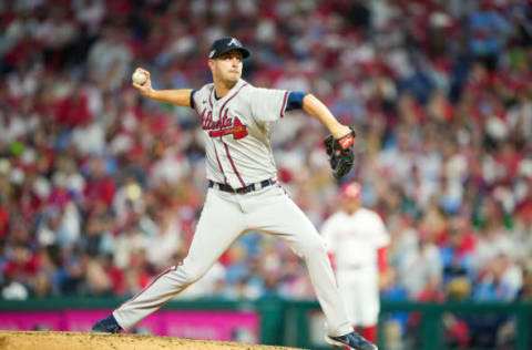 PENNSYLVANIA, PA – OCTOBER 14: Jake Odorizzi #12 of the Atlanta Braves pitches against the Philadelphia Phillies during the fifth inning in game three of the National League Division Series at Citizens Bank Park on October 14, 2022 in Philadelphia, Pennsylvania. (Photo by Kevin D. Liles/Atlanta Braves/Getty Images)