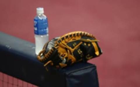 SEOUL, SOUTH KOREA – JUNE 06: Catcher’s glove is seen at Kiwoom Heroes dugout ahead of the KBO League game between LG Twins and Kiwoom Heroes at the Gocheok Sky Dome on June 06, 2020 in Seoul, South Korea. (Photo by Chung Sung-Jun/Getty Images)