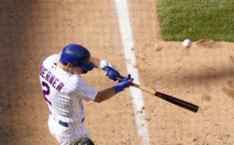 CHICAGO, ILLINOIS – AUGUST 16: Nico Hoerner #2 of the Chicago Cubs at bat during the ninth inning of a game against the Milwaukee Brewers at Wrigley Field on August 16, 2020 in Chicago, Illinois. (Photo by Nuccio DiNuzzo/Getty Images)