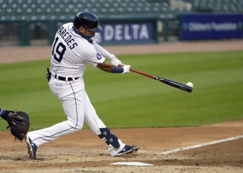 Isaac Paredes #19 of the Detroit Tigers gets a hit against the Chicago Cubs at Comerica Park on August 26, 2020 in Detroit, Michigan. (Photo by Duane Burleson/Getty Images)