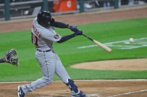 CHICAGO, ILLINOIS – Daz Cameron of the Detroit Tigers hits a three run single against the Chicago White Sox. (Photo by Jonathan Daniel/Getty Images)