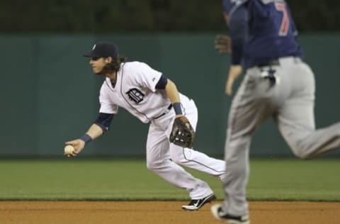 DETROIT – SEPTEMBER 26: Will Rhymes #28 of the Detroit Tigers fields the ball and makes the force out at second base of Matt LaPorta #7 of the Cleveland Indians during the fifth inning of the game at Comerica Park on September 26, 2011 in Detroit, Michigan. The Tigers defeated the Indians 14-0. (Photo by Leon Halip/Getty Images)