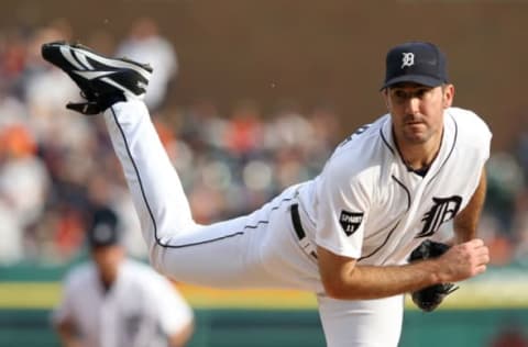 DETROIT, MI – OCTOBER 13: Justin Verlander #35 of the Detroit Tigers throws a pitch against the Detroit Tigers in the first inning of Game Five of the American League Championship Series at Comerica Park on October 13, 2011 in Detroit, Michigan. (Photo by Leon Halip/Getty Images)