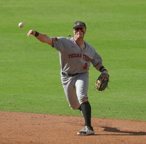 Detroit Tigers’ no.12 overall draft pick, Jace Jung, formerly of the Texas Tech Red Raiders, throws to first base against the Sam Houston State Bearkats at Minute Maid Park. (Photo by Bob Levey/Getty Images)