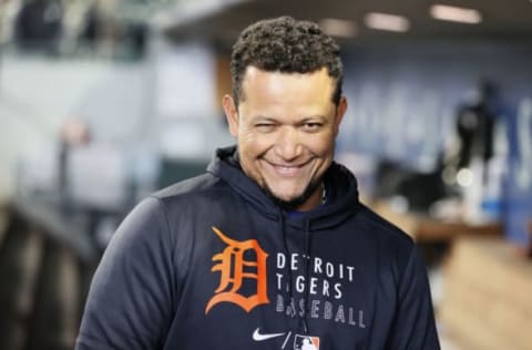 Miguel Cabrera of the Detroit Tigers looks on from the dugout before the game. (Photo by Steph Chambers/Getty Images)