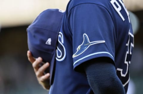 SEATTLE, WASHINGTON – JUNE 19: A general view of the Tampa Bay Rays sleeve logo before the game against the Seattle Mariners at T-Mobile Park on June 19, 2021 in Seattle, Washington. The Mariners beat the Rays 6-5 in extra innings. (Photo by Alika Jenner/Getty Images)