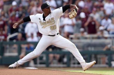 OMAHA, NEBRASKA – JUNE 30: Kumar Rocker #80 of the Vanderbilt pitches against Mississippi St. in the top of the first inning during game three of the College World Series Championship at TD Ameritrade Park Omaha on June 30, 2021 in Omaha, Nebraska. (Photo by Sean M. Haffey/Getty Images)