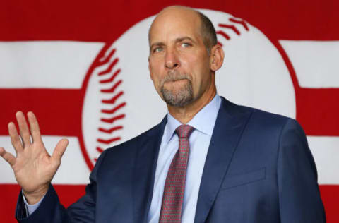 John Smoltz is introduced during the Baseball Hall of Fame induction ceremony. (Photo by Jim McIsaac/Getty Images)