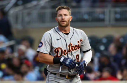 MINNEAPOLIS, MN – MAY 24: Robbie Grossman #8 of the Detroit Tigers looks on after an at-bat against the Minnesota Twins in the fifth inning of the game at Target Field on May 24, 2022 in Minneapolis, Minnesota. The Twins defeated the Tigers 2-0. (Photo by David Berding/Getty Images)