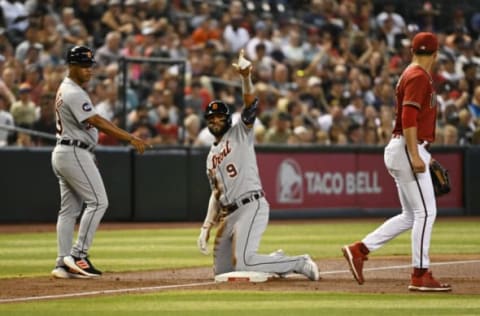 PHOENIX, ARIZONA – JUNE 26: Willi Castro #9 of the Detroit Tigers gestures to his bench after hitting a two RBI triple against the Arizona Diamondbacks during the second inning at Chase Field on June 26, 2022 in Phoenix, Arizona. (Photo by Norm Hall/Getty Images)