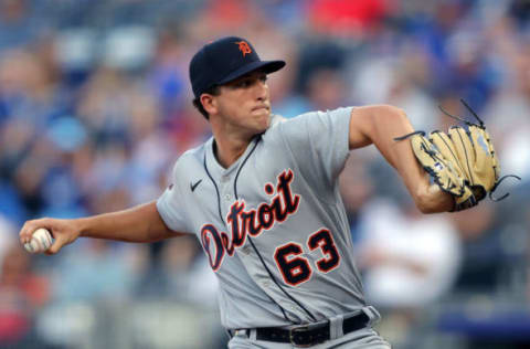 KANSAS CITY, MISSOURI – JULY 12: Starting pitcher Beau Brieske #63 of the Detroit Tigers pitches during the 1st inning of the game against the Kansas City Royals at Kauffman Stadium on July 12, 2022 in Kansas City, Missouri. (Photo by Jamie Squire/Getty Images)