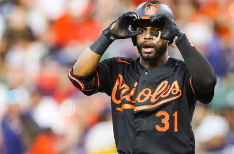 HOUSTON, TEXAS – AUGUST 26: Cedric Mullins #31 of the Baltimore Orioles reacts towards the dugout after hitting a single during the first inning against the Houston Astros at Minute Maid Park on August 26, 2022 in Houston, Texas. (Photo by Carmen Mandato/Getty Images)