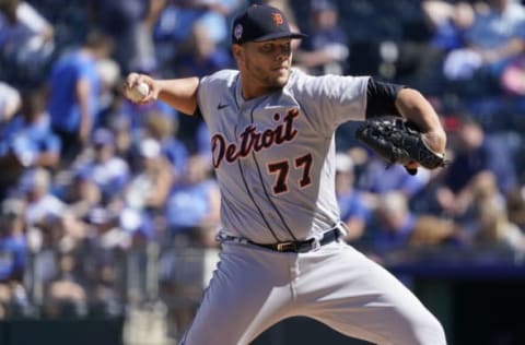 KANSAS CITY, MO – SEPTEMBER 11: Joe Jimenez #77 of the Detroit Tigers throws against the Kansas City Royals at Kauffman Stadium on September 11, 2022 in Kansas City, Missouri. (Photo by Ed Zurga/Getty Images)