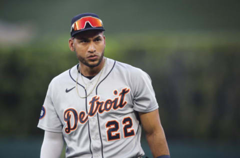 ANAHEIM, CALIFORNIA – SEPTEMBER 05: Victor Reyes #22 of the Detroit Tigers looks on during warm ups ahead of the game against the Los Angeles Angels at Angel Stadium of Anaheim on September 05, 2022 in Anaheim, California. (Photo by Meg Oliphant/Getty Images)