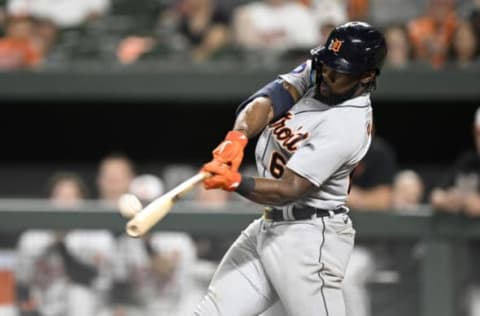 BALTIMORE, MARYLAND – SEPTEMBER 21: Akil Baddoo #60 of the Detroit Tigers bats against the Baltimore Orioles at Oriole Park at Camden Yards on September 21, 2022 in Baltimore, Maryland. (Photo by G Fiume/Getty Images)