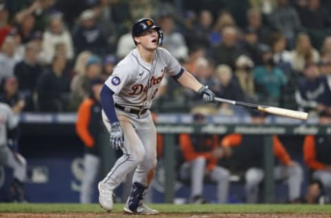 SEATTLE, WASHINGTON – OCTOBER 04: Spencer Torkelson #20 of the Detroit Tigers at bat during the third inning against the Seattle Mariners at T-Mobile Park on October 04, 2022 in Seattle, Washington. (Photo by Steph Chambers/Getty Images)