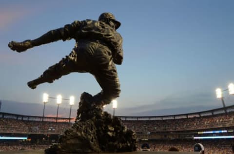 DETROIT, MI: A detailed view of the Charlie Gehringer statue in center field of Comerica Park. (Photo by Mark Cunningham/MLB Photos via Getty Images)