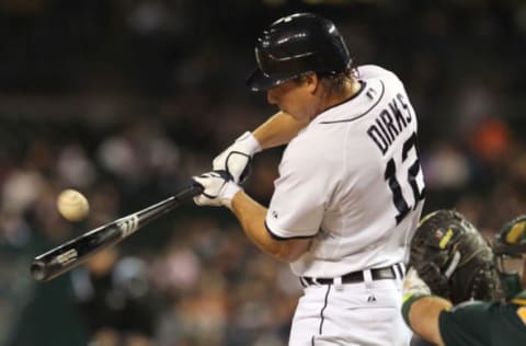 DETROIT, MI – SEPTEMBER 19: Andy Dirks #12 of the Detroit Tigers gets a single in the eighth inning against the Oakland Athletics at Comerica Park on September 19, 2012 in Detroit, Michigan. The Tigers won 6-2 (Photo by Dave Reginek/Getty Images)