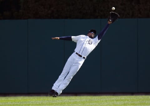 Austin Jackson leaps for the ball. (Photo by Gregory Shamus/Getty Images)